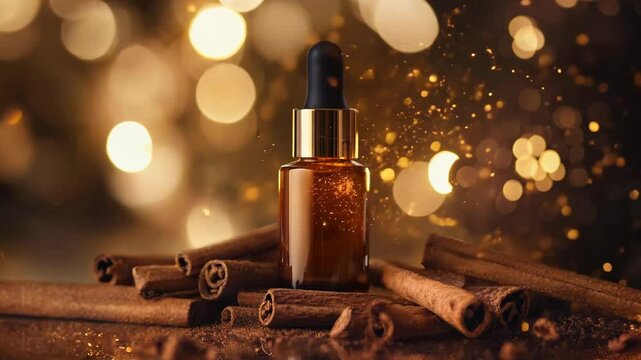 A luxurious amber glass dropper bottle surrounded by cinnamon sticks, set against a warm, golden bokeh background. The scene exudes a sense of warmth, relaxation, and holiday ambiance