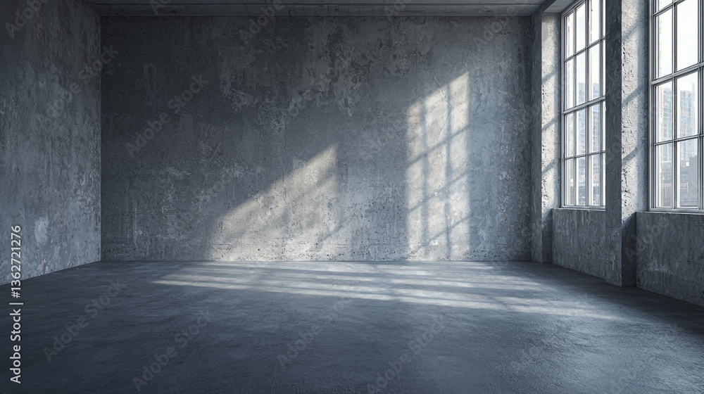 Poster empty room with concrete walls and floor illuminated by sunlight through large windows on the right