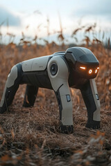 Robot dog in field Beige and black robotic canine explores outdoor autumn scenery