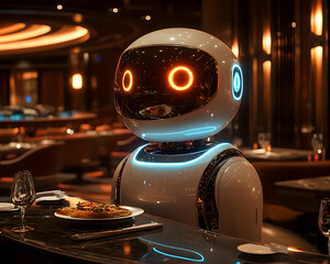 Robot at restaurant counter with food, lit warmly