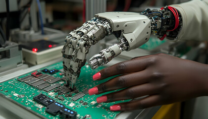 Robot arm & human hand work together on a green circuit board with microchips and red wires