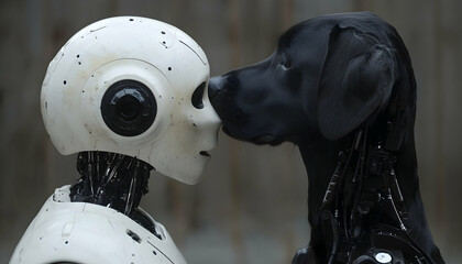 Robot and dog nose to nose, bonding moment