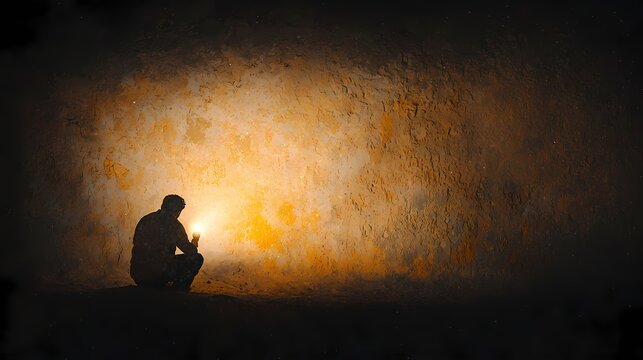 Silhouette of a man holding a light in the dark, Hope, faith, and searching for light in darkness