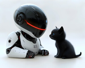 Robot looks at black kitten
