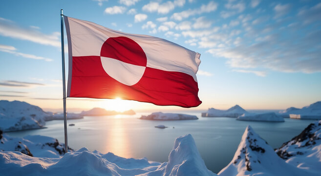 Greenland flag waving in Arctic landscape at sunset, symbolizing national identity amidst geopolitical tensions. Ongoing discussions about political future of Greenland concept image - Powered by Adobe