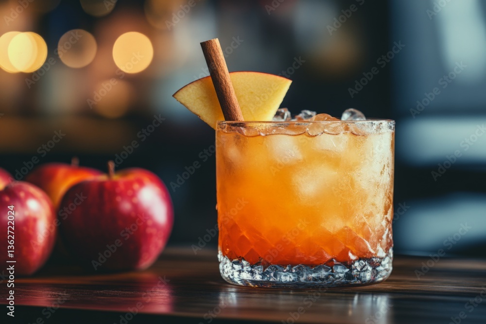 Poster mixing fall flavors with a refreshing apple cocktail in a cozy bar setting