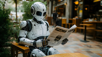 Robot reading newspaper at outdoor cafe, sitting at a table, plants and blurred background