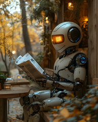 Robot reads newspaper at outdoor cafe Artificial intelligence in serene setting
