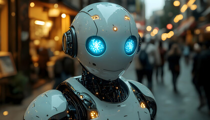 Robot with glowing eyes stands on a street