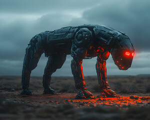 Robotic animal in dark field with red eyes and light