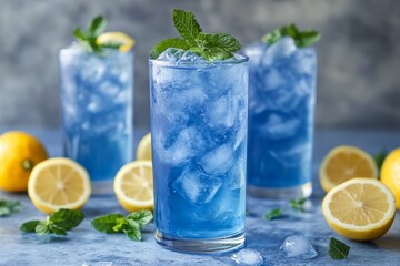Refreshing blue drinks with ice and lemon slices on a cool summer day