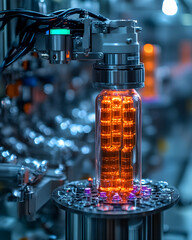 Robotic arm handles a glowing bottle in an automated manufacturing process, with blurred background