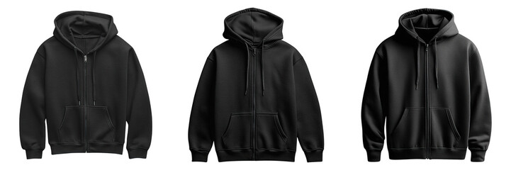 Classic Black Zip-Up Hoodie Mockup. Front View of Minimalist Sweatshirt with Hood and Pockets