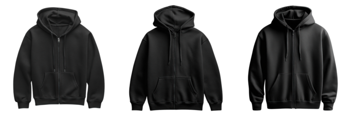 Classic Black Zip-Up Hoodie Mockup. Front View of Minimalist Sweatshirt with Hood and Pockets