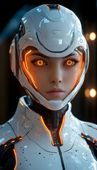 Robotic being with orange glowing eyes and light lines on white suit