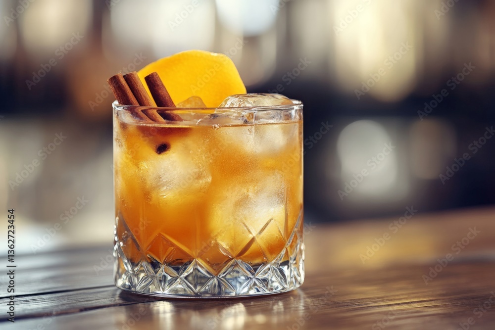 Poster refreshing cocktail with citrus and spices served in a crystal glass at a vibrant bar during the eve