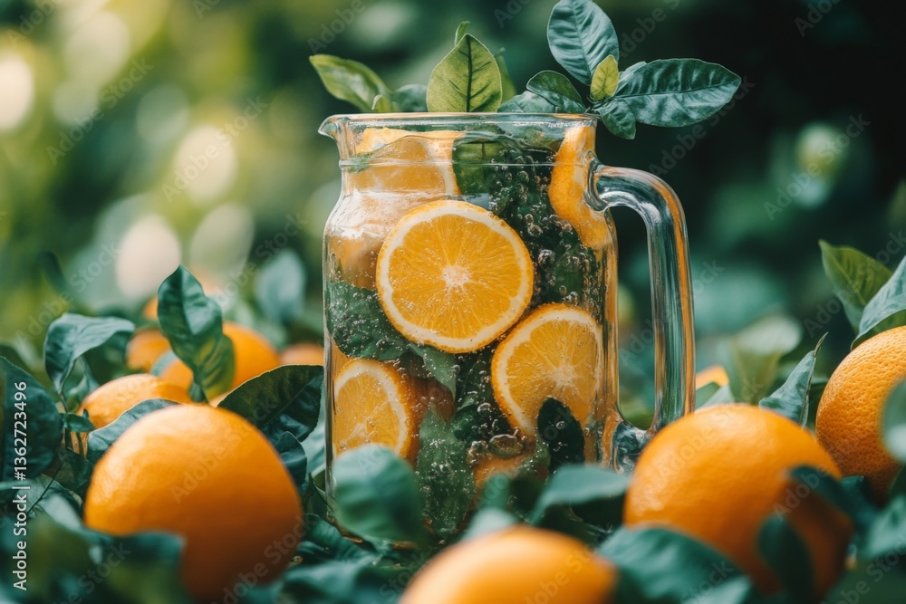 Poster refreshing citrus drink in a garden setting with vibrant oranges and lush foliage