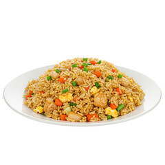 fried rice with chicken and vegetables in a plate isolated on transparent background 