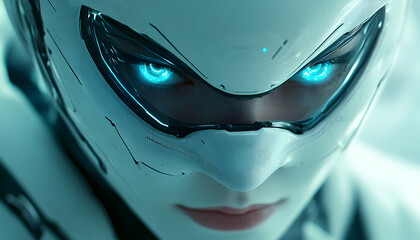 Robotic face features glowing blue eyes