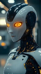 Robotic figure White, black shell Glowing orange eyes, circuitry visible Glimmering details