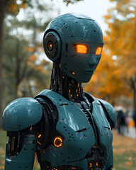 Robotic figure stands in a park Blue metal, glowing eyes