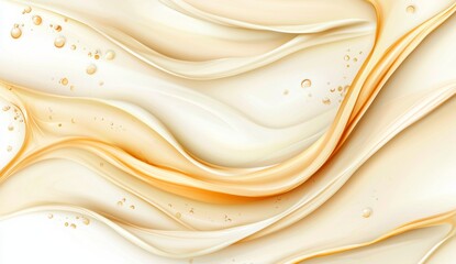 Obraz premium Abstract image of swirling beige and gold cream textures with translucent droplets, creating a luxurious and smooth visual effect. Ideal for beauty or cosmetic products.