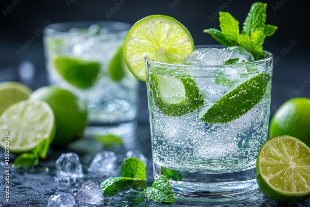 Poster refreshing cocktails with lime and mint served on a dark background for summer enjoyment