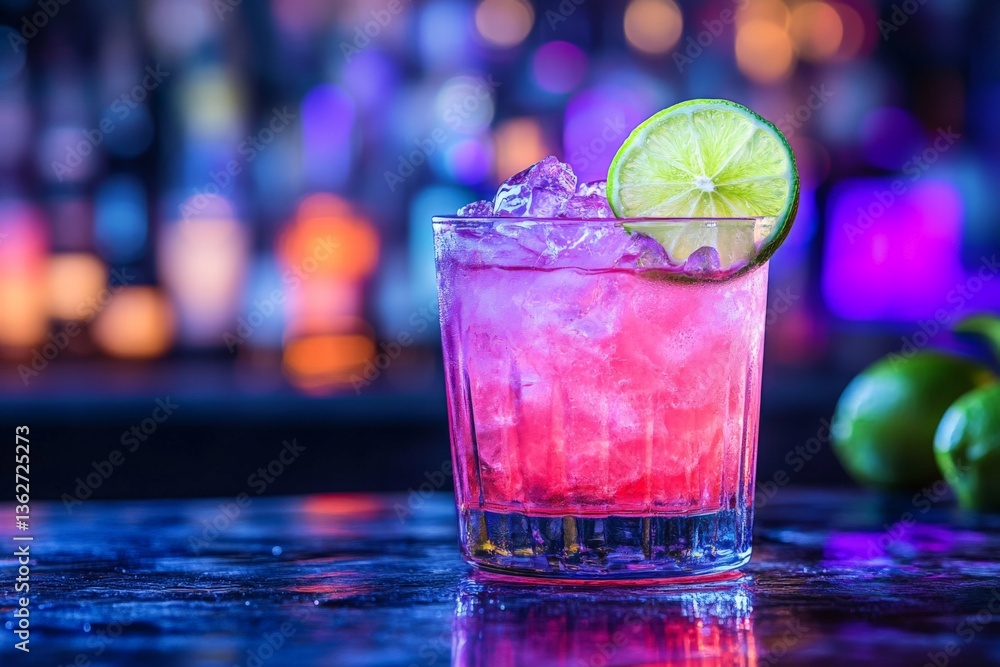Poster refreshing cocktail with a colorful backdrop in a lively bar atmosphere at night