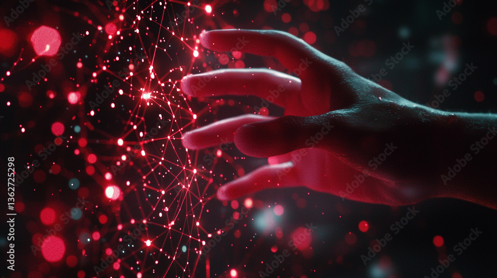 Poster a hand reaching towards a red glowing network of interconnected dots and lines in the darkness