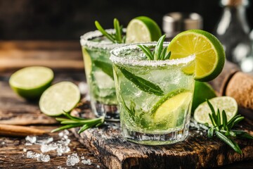 Fototapeta premium Refreshing mojito cocktails with lime slices and mint on wooden table