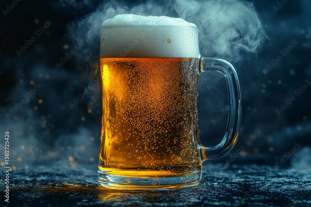 Poster golden beer in a frosty mug with bubbles rising, creating a refreshing atmosphere for a night out wi