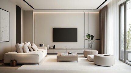 Fototapeta premium A contemporary minimalist living room with a clean aesthetic, featuring soft neutral colors and simple decor.