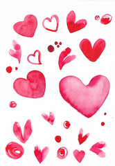 Hand drawn hearts. Watercolor set of elements for Valentine's day. Scrapbook design elements. Typography poster, card, label, banner design set.