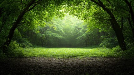 Obraz premium Serene Forest Clearing with Natural Green Canopy and Sunlight Streaming Through the Trees