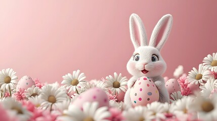 Cute Fluffy Bunny with Painted Easter Egg in Floral Meadow with Copyspace