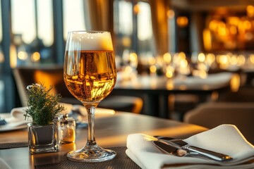 Obraz premium Elegant beer glass on a table with warm lighting in a restaurant during sunset