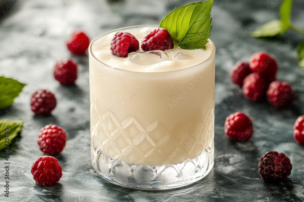 Poster Refreshing raspberry mint cocktail served in a clear glass with ice on a textured dark surface