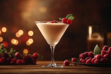 Delicious cocktail garnished with fresh raspberries and mint served in an elegant glass at a cozy bar setting