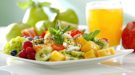 An inviting breakfast table set with an assortment of colorful dishes, fresh fruits, and aromatic beverages, all captured in warm, inviting lighting to create a cozy and appealing atmosphere for a