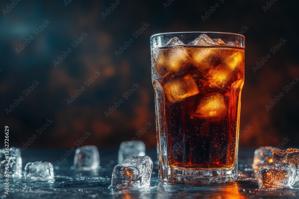 Poster refreshing dark beverage served over ice in a clear glass on a textured surface
