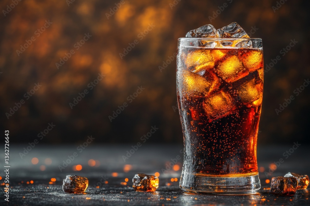 Poster refreshing drink with ice cubes served in a clear glass on a dark background during evening hours