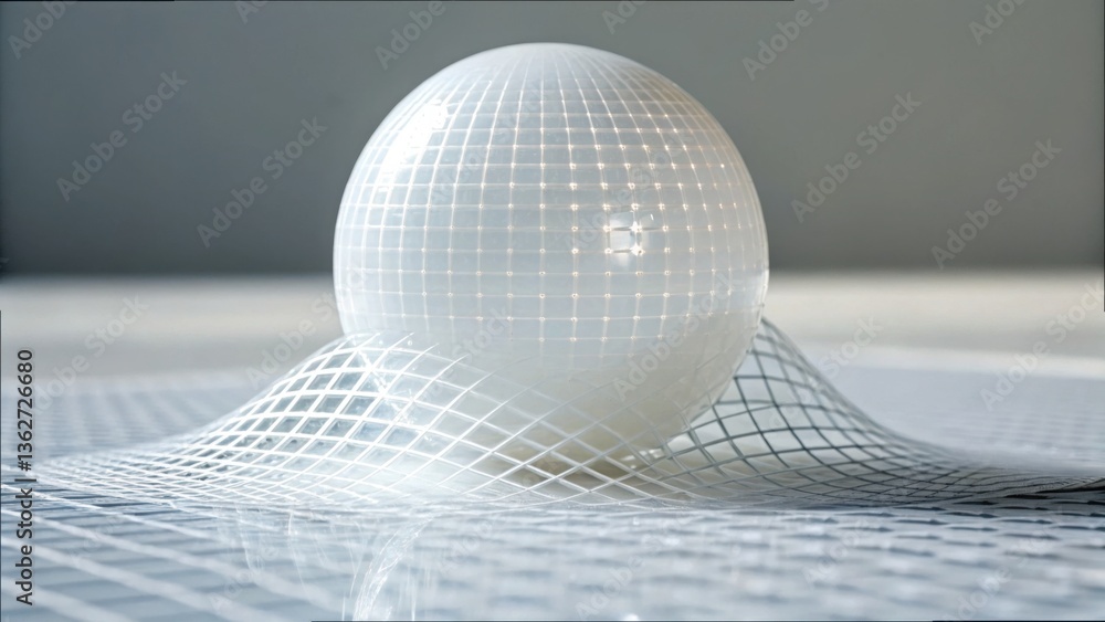 Poster minimalist translucent sphere on grid with melting effect