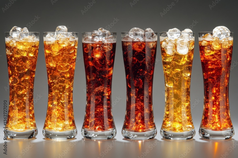 Poster variety of sparkling beverages in tall glasses with ice cubes displayed against a dark background