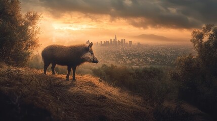 Naklejka premium A wild boar silhouetted against a breathtaking sunset over a sprawling cityscape. Golden hour light bathes the scene in warm tones, creating a dramatic contrast between nature and urban development.
