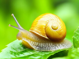 Golden shelled snail crawling on a vibrant green leaf macro photography
