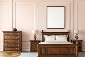 Frame mockup, minimalist modern bedroom background, wall poster frame