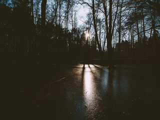 Dunkler Waldsee im Winter