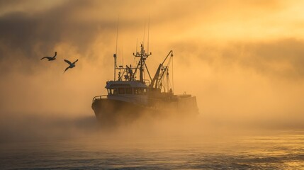 A fishing trawler navigating through misty ocean waters at dawn.