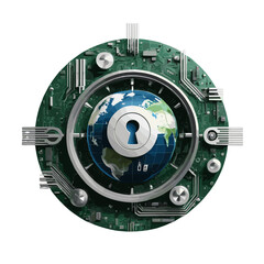 Earth with padlock symbol in a high-tech circuit board design representing security and sustainability