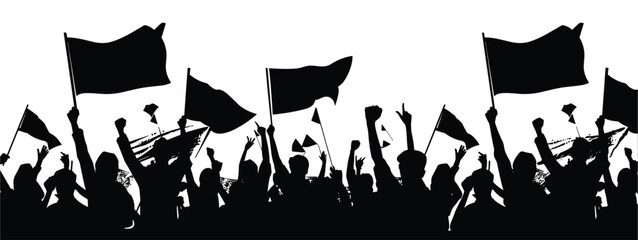 Protesters with Signs &ndash; Black Silhouettes on White Background